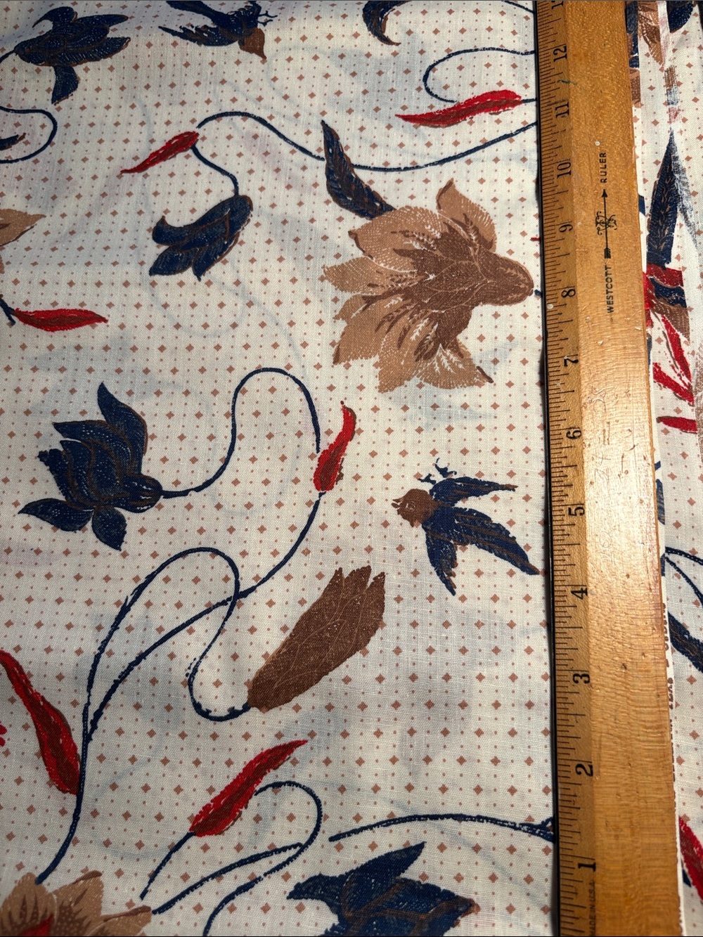 Vintage Cranston lightweight Floral Cotton Fabric Panel in Navy, Tan & Red LL